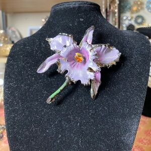 Elegant 1950’s Purple Orchid Metal and Enamel Brooch